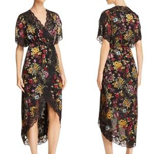 Alice + Olivia Adele Floral Wrap Midi Dress with Lace Trim Black Size 2